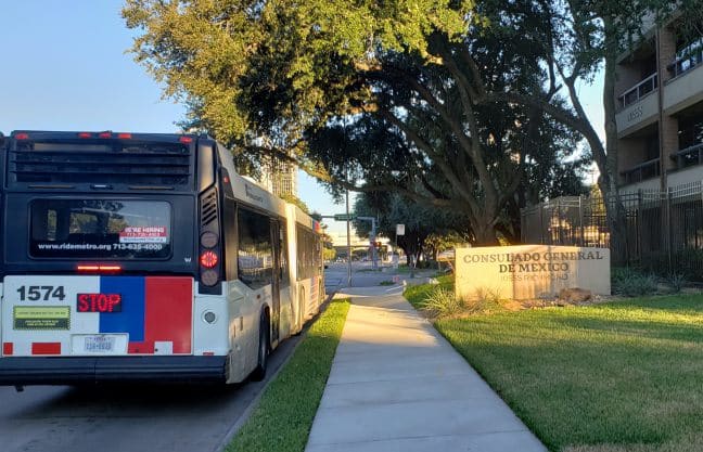 The new Mexican Consulate in Houston is on Metro bus route that stops near 3200 Rogerdale Rd, Houston, TX 77042 in the Westchase neighborhood.  There is also sufficient on-site parking available.
