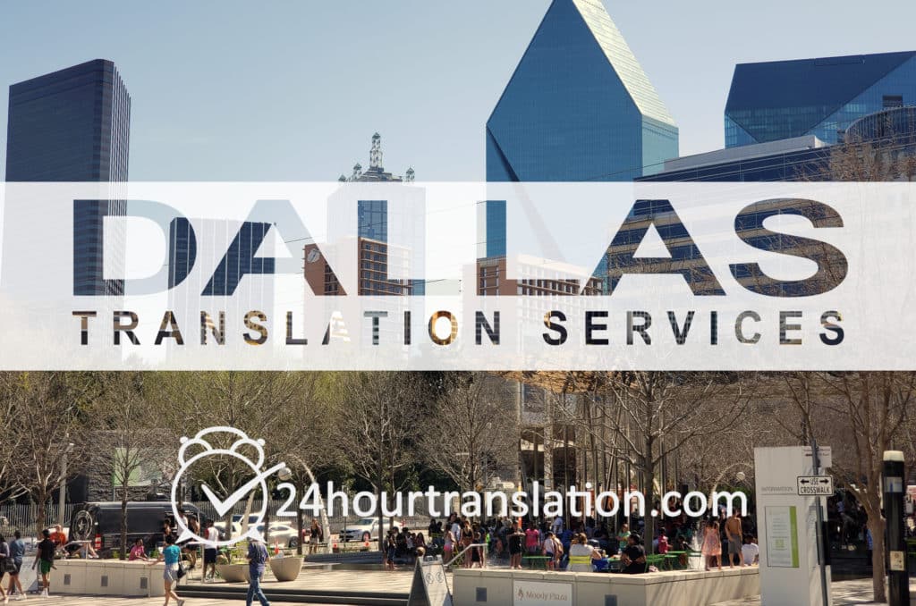 According to the Dallas Economic Development Committee, Hispanic residents make up 43.3% of the city's population and 29.3% of the population of the entire Dallas-Fort Worth metropolitan statistical area. Approximately, 38% of the city's population speaks Spanish as their Primary Language.	24 Hour Translation Services meets your needs in the Dallas area with a specialized Spanish translator that is right for your specific needs.